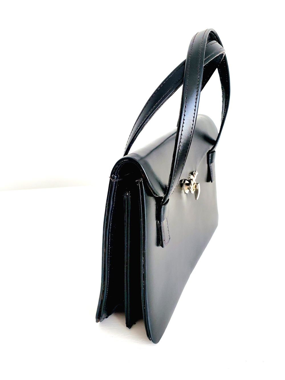 Classic Black Leather Top-Handle Satchel - Vintage - Handmade In France - Picture 4 of 5
